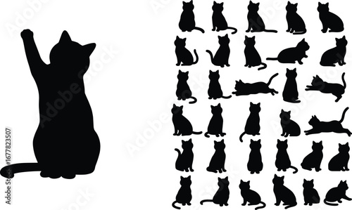 Black cat silhouette set featuring large paw‑raised pose and thirty unique positions, vector illustration for pet, animal, wildlife, and behavior themes
