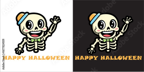 Skeleton funny maskot Hallowen. Skeleton vector color illustration halloween character. happy skeleton mage for prints for clothes or design.