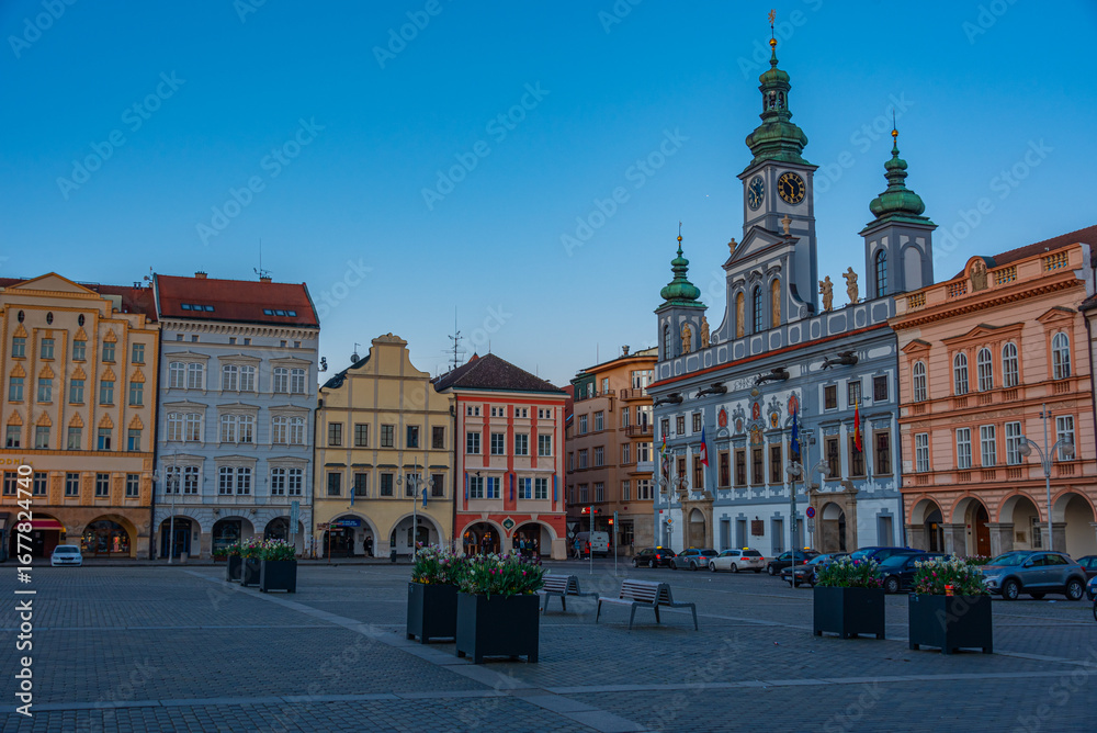 Fototapeta premium Sunrise view of the main square in Ceske Budejovice, Czech repub