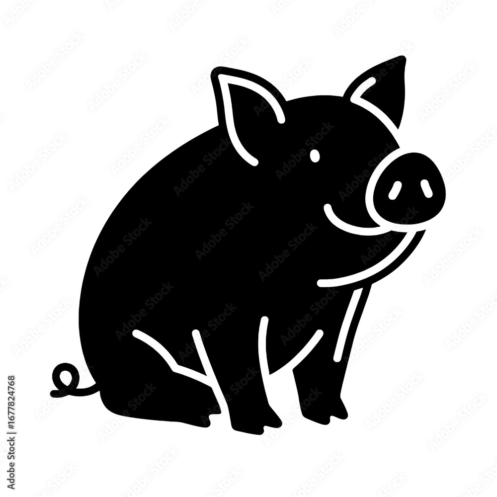 Obraz premium Flat black & white outline of a pig sitting