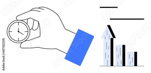Hand holding a stopwatch next to an upward bar graph with arrows emphasizing growth and time plans. Ideal for concepts thumbs up time management, productivity, strategy, efficiency, business growth