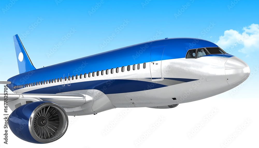 Fototapeta premium A modern jet airliner soars through a clear, cloud-filled sky, showcasing its vibrant blue and white paint job and powerful jet engines.