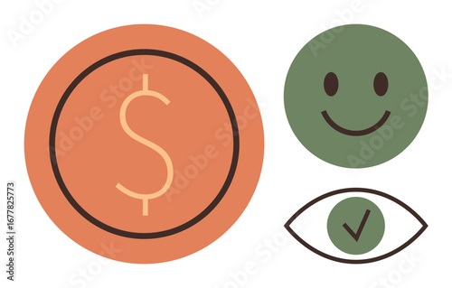 Dollar sign in orange circle, green happy face, and eye with checkmark evoke wealth, happiness, and trust. Ideal for finance, wellbeing, trust, transparency validation motivation simple flat