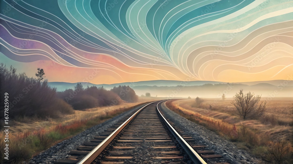 Obraz premium Railroad tracks curving into the distance under a stylized sky at sunset or sunrise