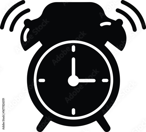Simple black and white illustration of an alarm clock ringing