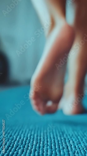 Close-up of feet on textured blue mat, soft focus