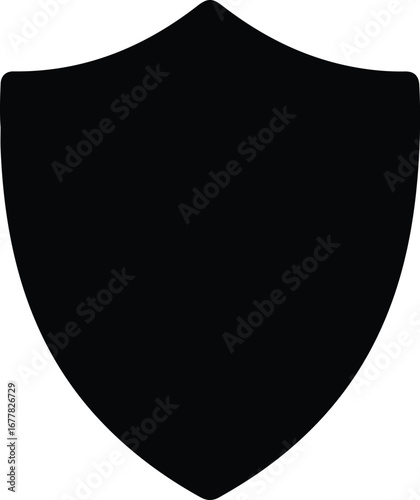 A black shield icon on a white background with a minimalist design and a sense of protection