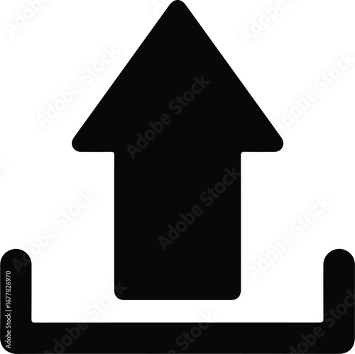Black upload icon with an arrow pointing up on a white background.