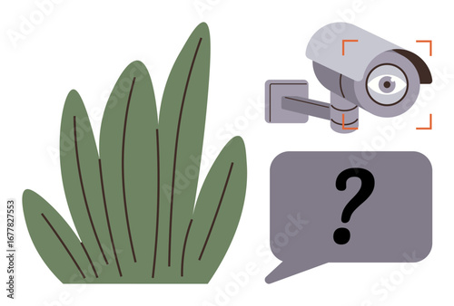 Security camera observing a bush alongside a question-mark-filled speech bubble, reflecting surveillance, privacy, outdoor monitoring, suspicion, safety, investigation, and uncertainty. Ideal