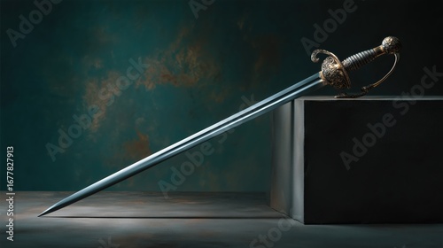 Elegant rapier sword with intricate hilt detailing on a moody teal studio background

