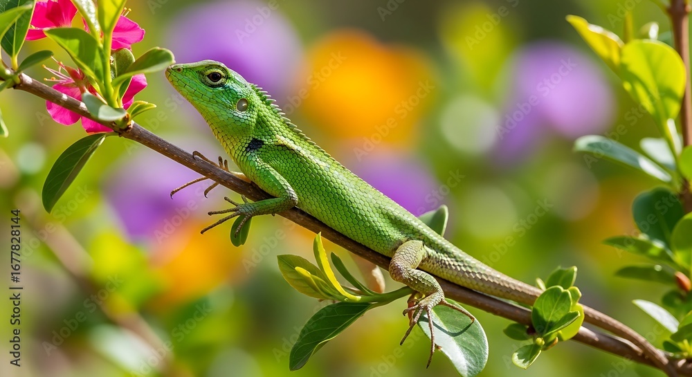 Fototapeta premium Vibrant Green Anole Lizard on a Flowering Branch.