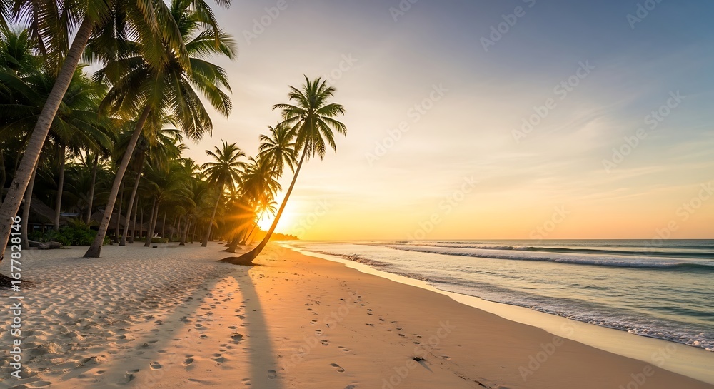 Fototapeta premium Tropical beach sunset with palm trees and ocean waves.