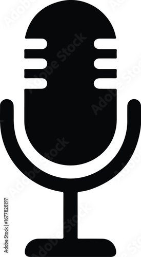 A clean and modern flat 2D solid black vector icon depicting a microphone, ideal for audio recording, podcasting, and broadcasting, isolated on a crisp white background.