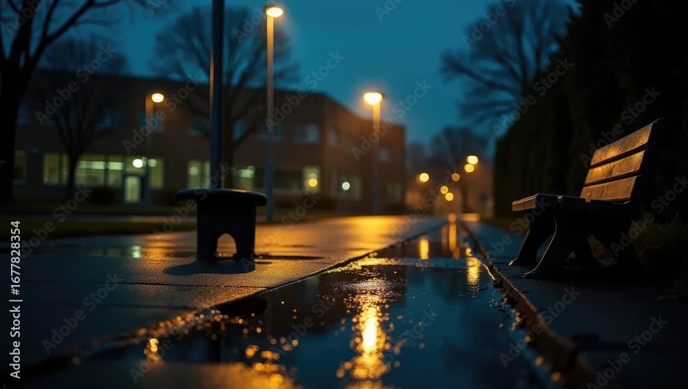 Naklejka premium Night Rain Schoolyard with Lamp Reflections in Puddles and Lonely Bench