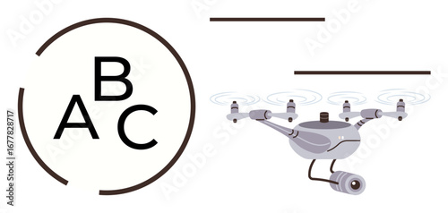 A high-tech Quadcopter equipped with a mounted camera flying alongside letters in a circular design. Ideal for technology, innovation, surveillance, communication, branding, design concepts, simple