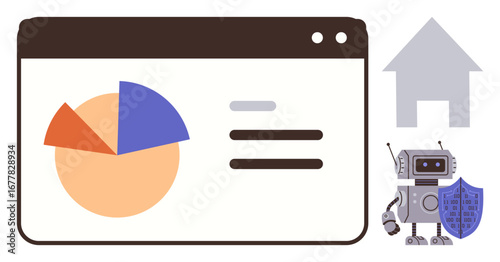 Pie chart and text blocks on a browser screen, house icon, and robot holding shield. Ideal for cybersecurity, analytics, AI protection, digital safety, home automation, internet security simple flat