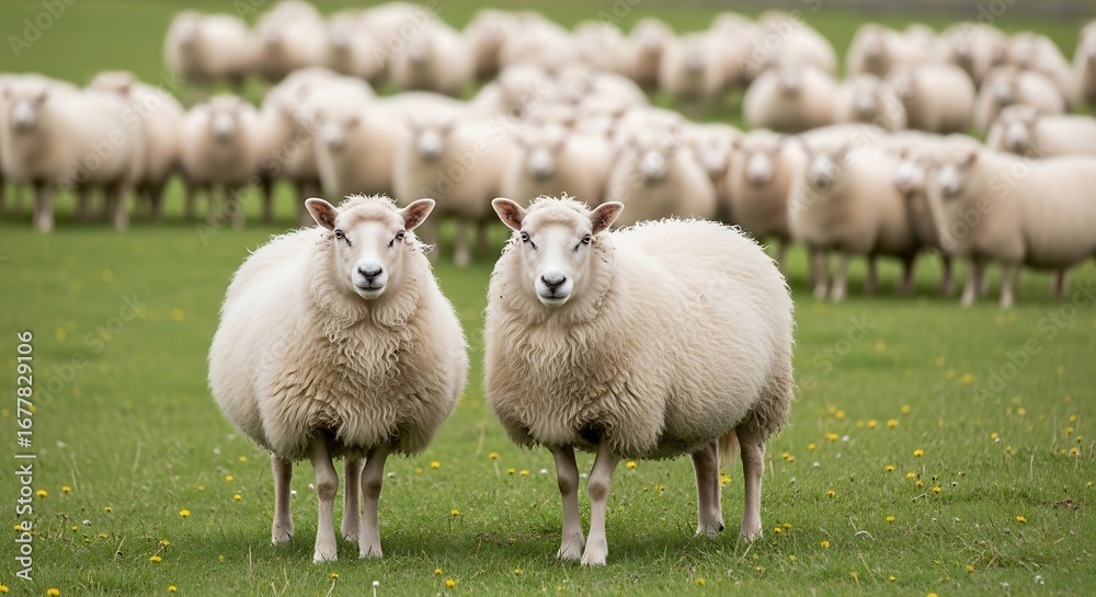 Obraz premium Two fluffy sheep in a green pasture.