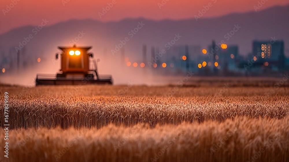 Fototapeta premium Combine harvester working in a field at dusk with buildings in the background.