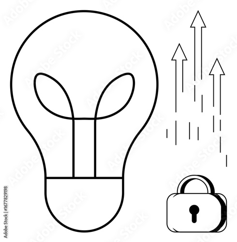 Large light bulb, upward arrows, and padlock representing innovation, growth, progress, security, and intellectual property. Ideal for technology, creativity business strategy security