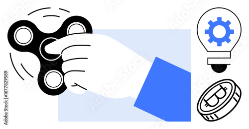 Hand interacting with a spinning fidget spinner. Light bulb with gear and stackable coin imagery. Ideal for creativity, innovation, productivity, focus, stress relief, investment, simple flat
