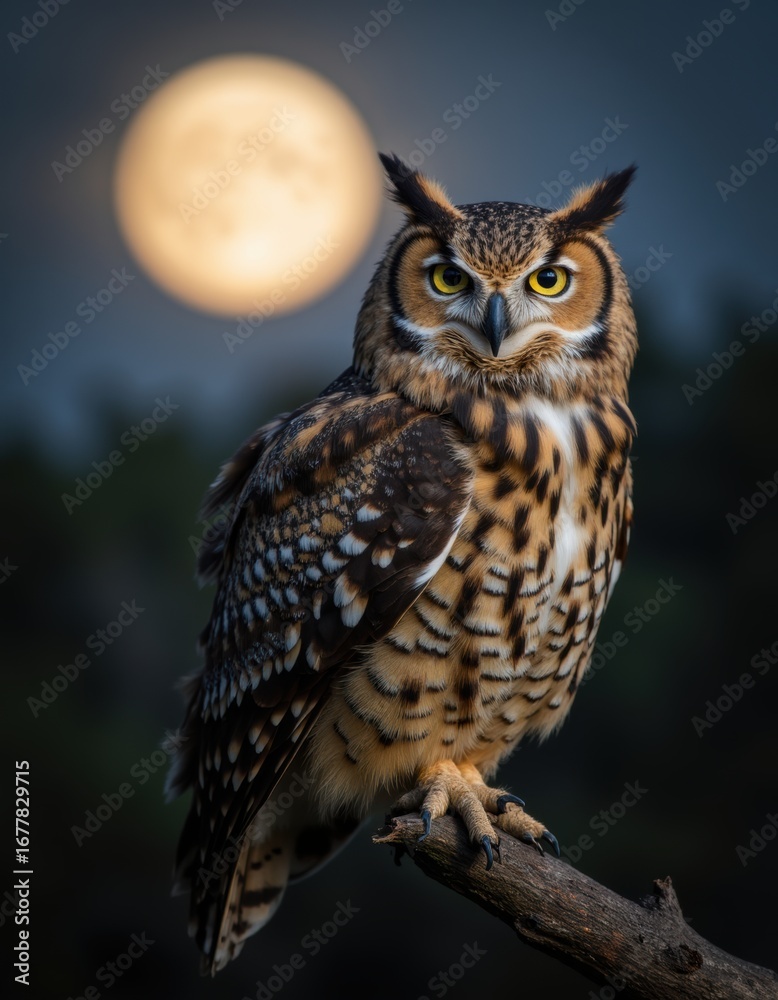 Obraz premium Majestic Owl Perched on a Branch Under a Full Moon
