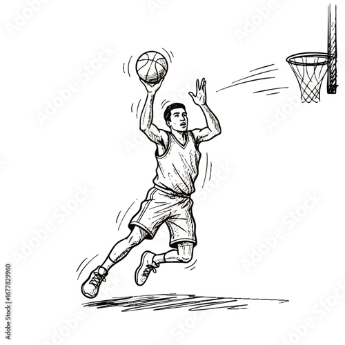 Dynamic Ink Sketch of Basketball Player Shooting Hoop for Sports Illustration