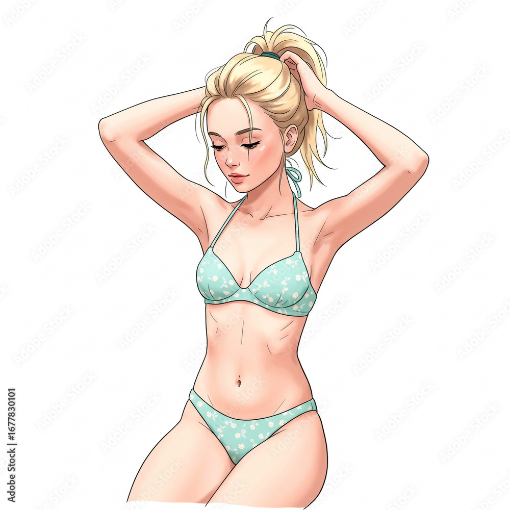 Fototapeta premium Beautiful woman in bikini tying her hair back, enjoying the summer vibes and beach relaxation