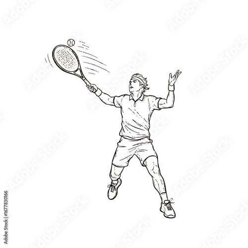 Tennis Player Serving Ball Hand Drawn Line Art Illustration for Sport and Activity Concepts