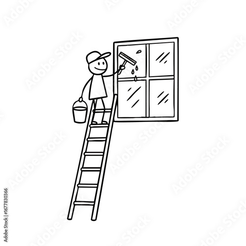 Stick Figure Window Cleaner on Ladder Cleaning Service Illustration