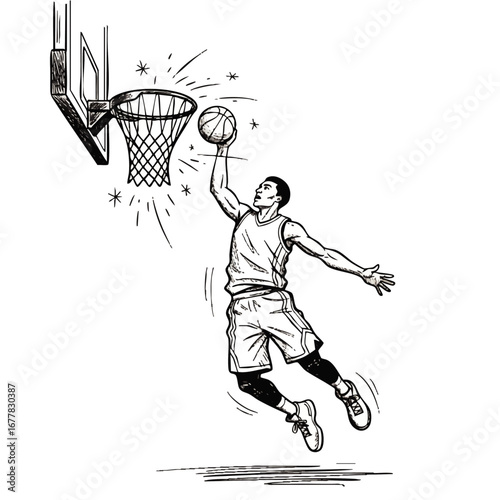 Dynamic Basketball Player in Mid Air Slam Dunk Vector Illustration for Sports and Fitness Content