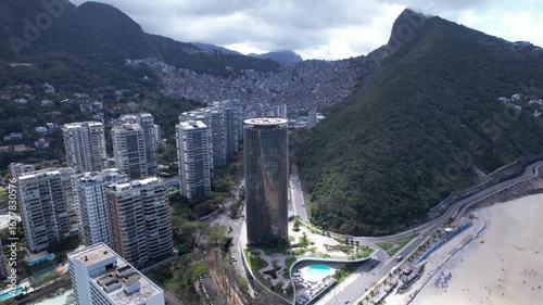 Aerial view of Sao Conrado Beach, Rio de Janeiro, Brazil. With the Rocinha favela in the background.