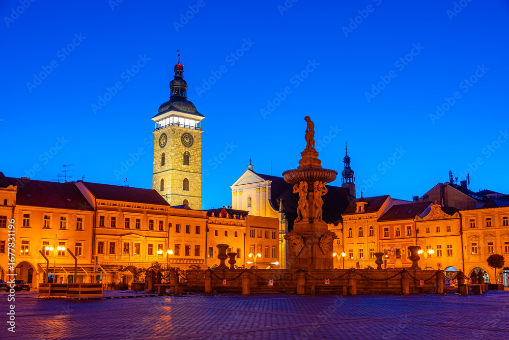 Fototapeta premium Sunrise view of Saint Nicholas church and Samson fountain in Ce