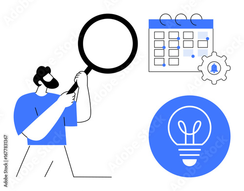 Man holding magnifying glass examining calendar with events, gear icon, and lightbulb. Ideal for planning, innovation, research, productivity, strategy analytics brainstorming. Great for simple