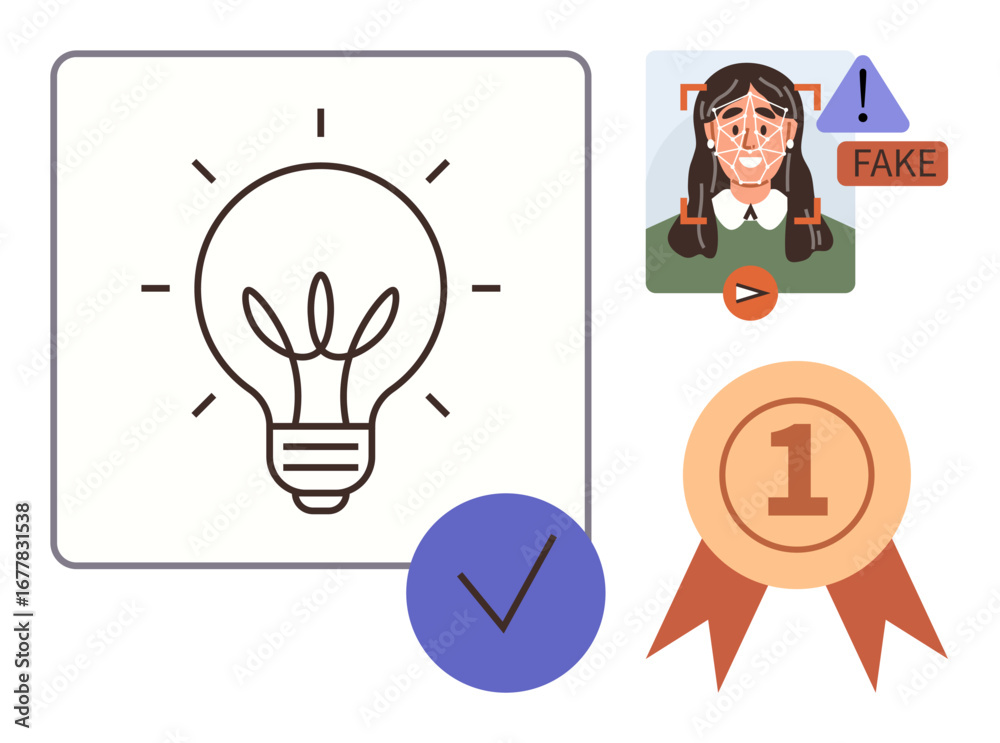 Fototapeta premium Light bulb representing ideas, verified checkmark, medal for achievement, and fake notification icon. Ideal for creativity, innovation, verification, authenticity, digital ethics reward systems