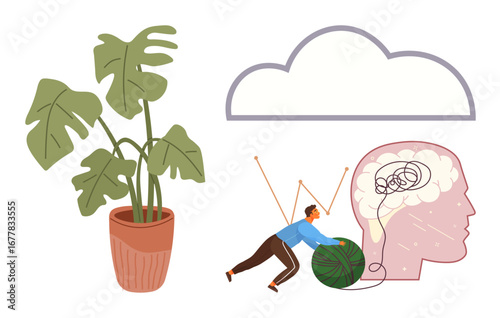 Man untangling yarn into a brain outline, with a potted plant and cloud as supporting elements. Ideal for mental clarity, growth, mindfulness, nature, problem-solving, balance self-care. Simple flat