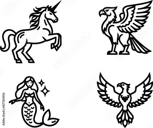 A set of mythical creature and fantasy icons in a clean, minimalist line art style. Features a unicorn, griffin, and mermaid, perfect for storytelling, gaming, or magical themes.