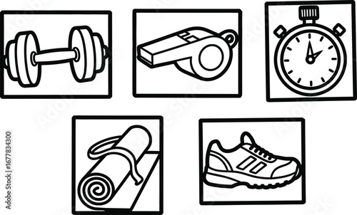 A set of fitness and sports icons in a clean, minimalist line art style. Features a dumbbell, whistle, stopwatch, yoga mat, and running shoe, perfect for gym and workout designs.