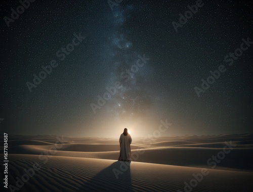 Prophet standing in the desert looking at the milky way during the night