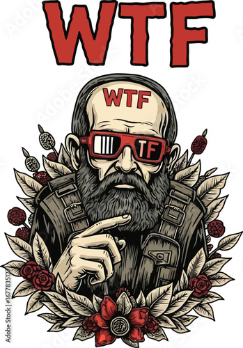 Illustration of a bearded man with wtf text, glasses, and floral elements on a white background