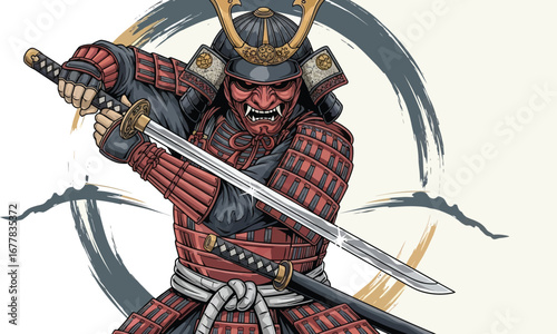 A samurai warrior with a red mask and armor holding a katana in front of a circular brushstroke mark