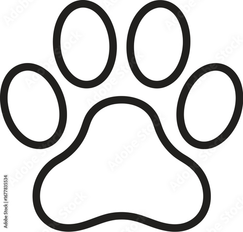 An outline of a paw print with four toe pads and a larger pad on a white background in a simple style