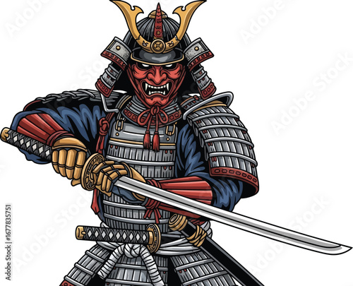 Illustration of a samurai warrior with a red mask holding a sword in a fighting position