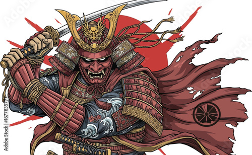 Illustration of a samurai warrior in red armor holding a katana with a red sun in the background