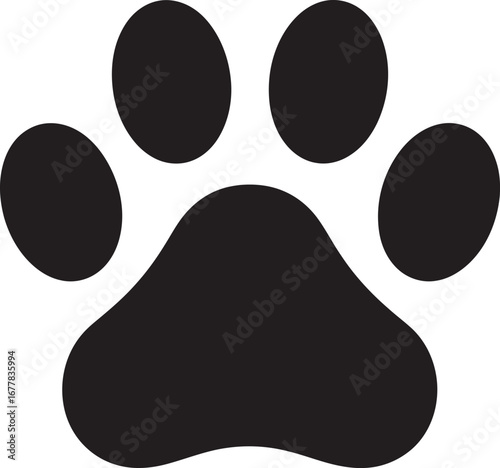 A simple black paw print with four toes on a white background in a vector graphic design style