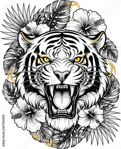 White tiger head with open mouth surrounded by tropical leaves and hibiscus flowers illustration