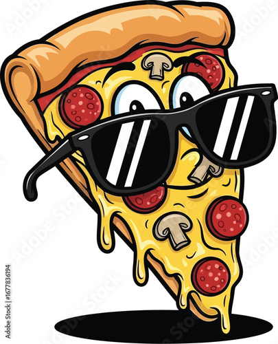 A cartoon pizza slice with pepperoni and mushrooms wearing black sunglasses on a white background