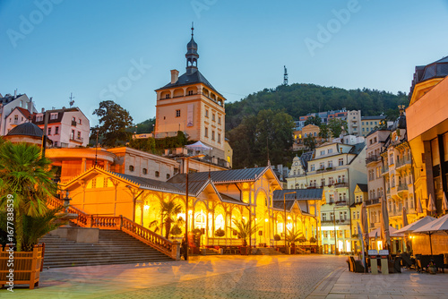 Фотография Sunset view of palace tower and market colonnade in Karlovy Vary