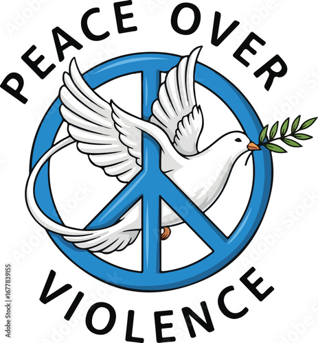 A white dove with an olive branch flies within a peace symbol, signifying peace over violence.