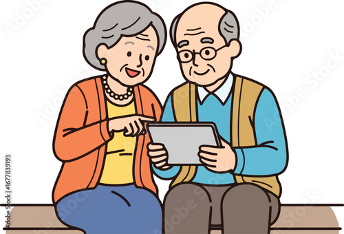 Elderly couple happily using a tablet together, sharing a digital experience.