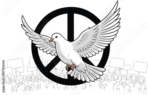 A white dove of peace soars through a peace symbol, above a crowd of protestors holding signs.